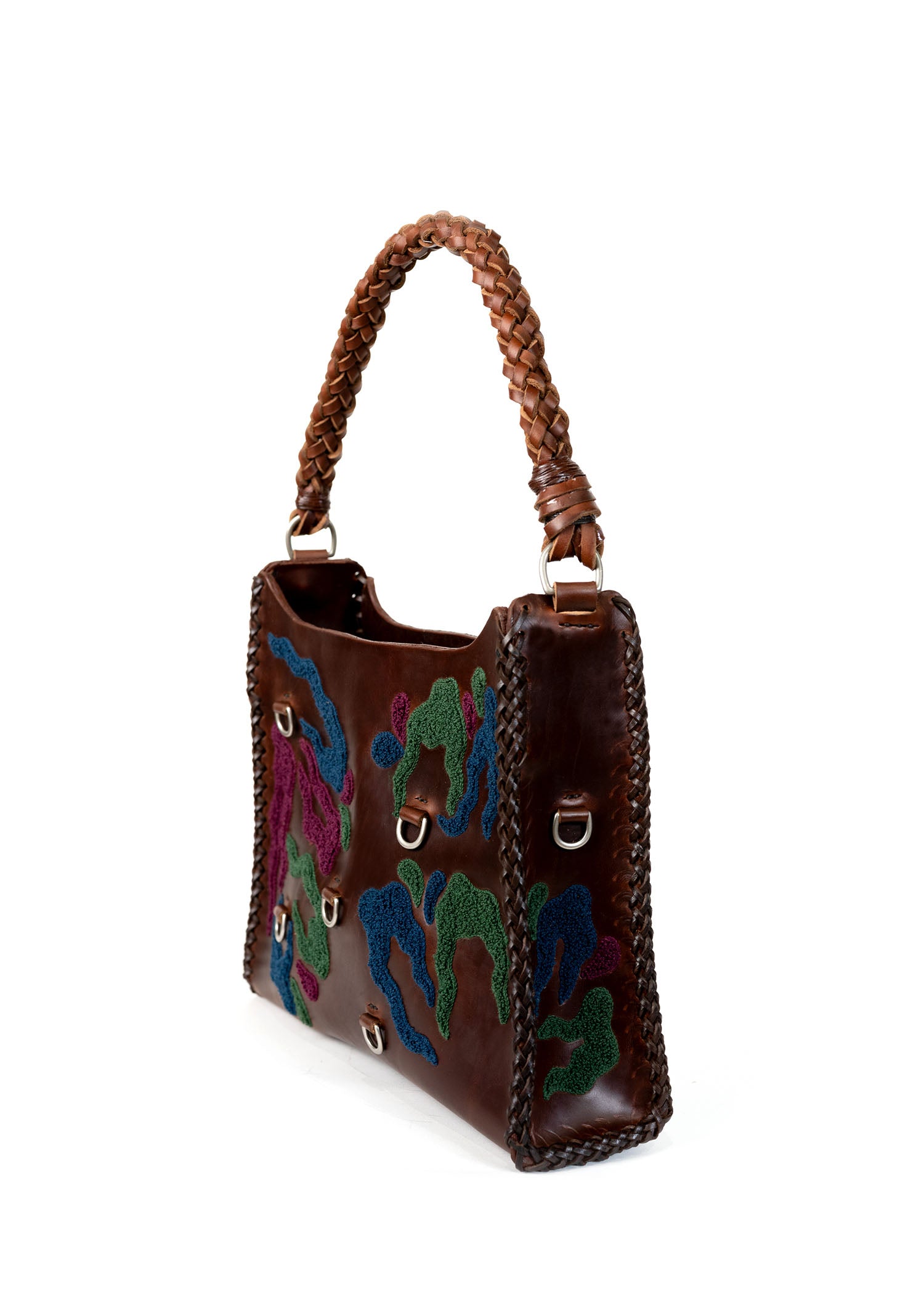 Embroidered Pyramid Shoulder Bag - Brown