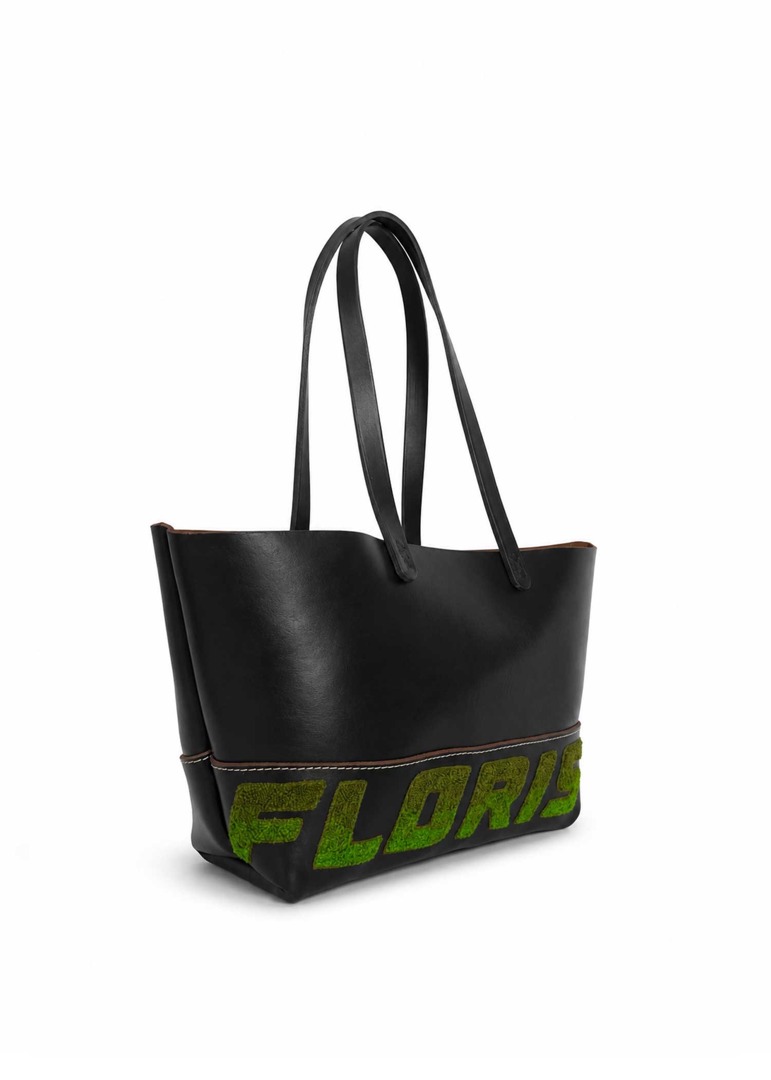 Leather Embroidered Tote Bag - Black