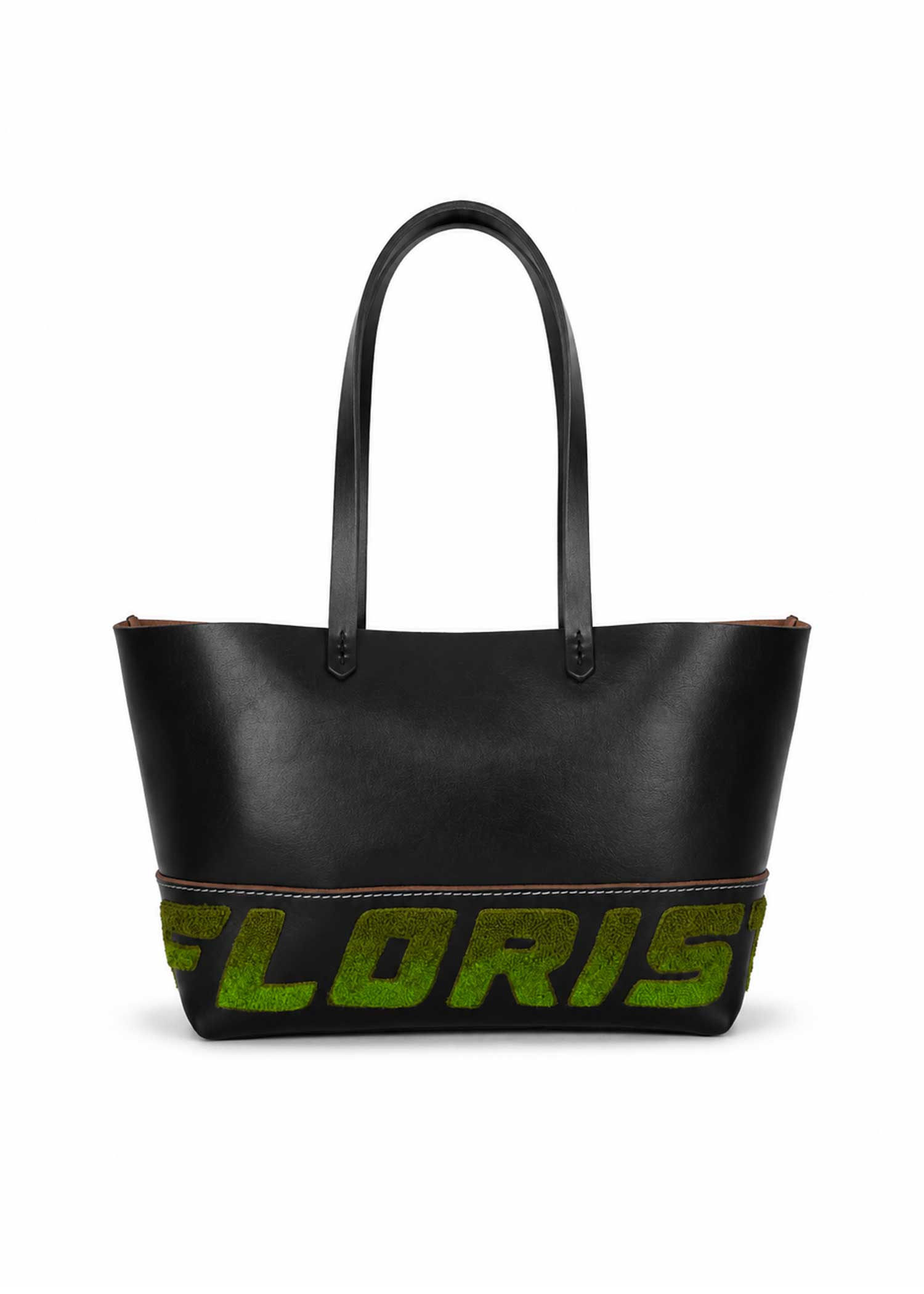 Leather Embroidered Tote Bag - Black