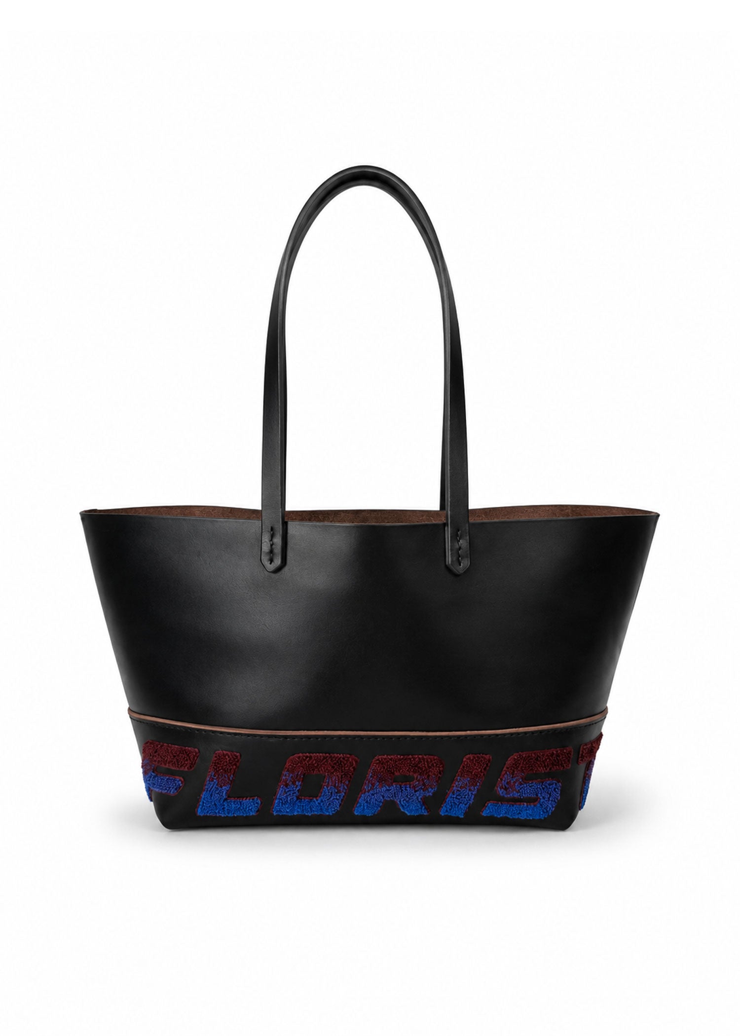Leather Embroidered Tote Bag - Black