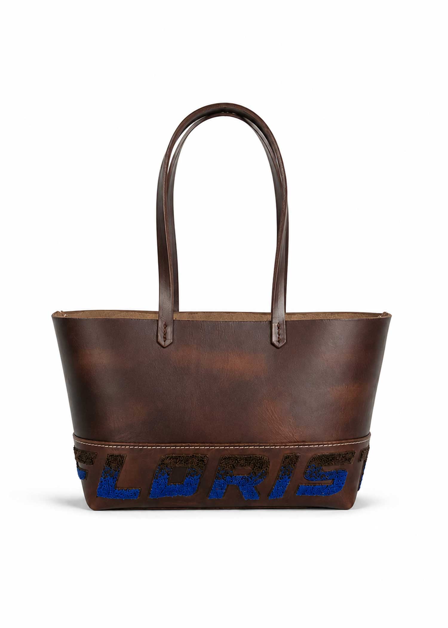 Leather Embroidered Tote Bag - Brown