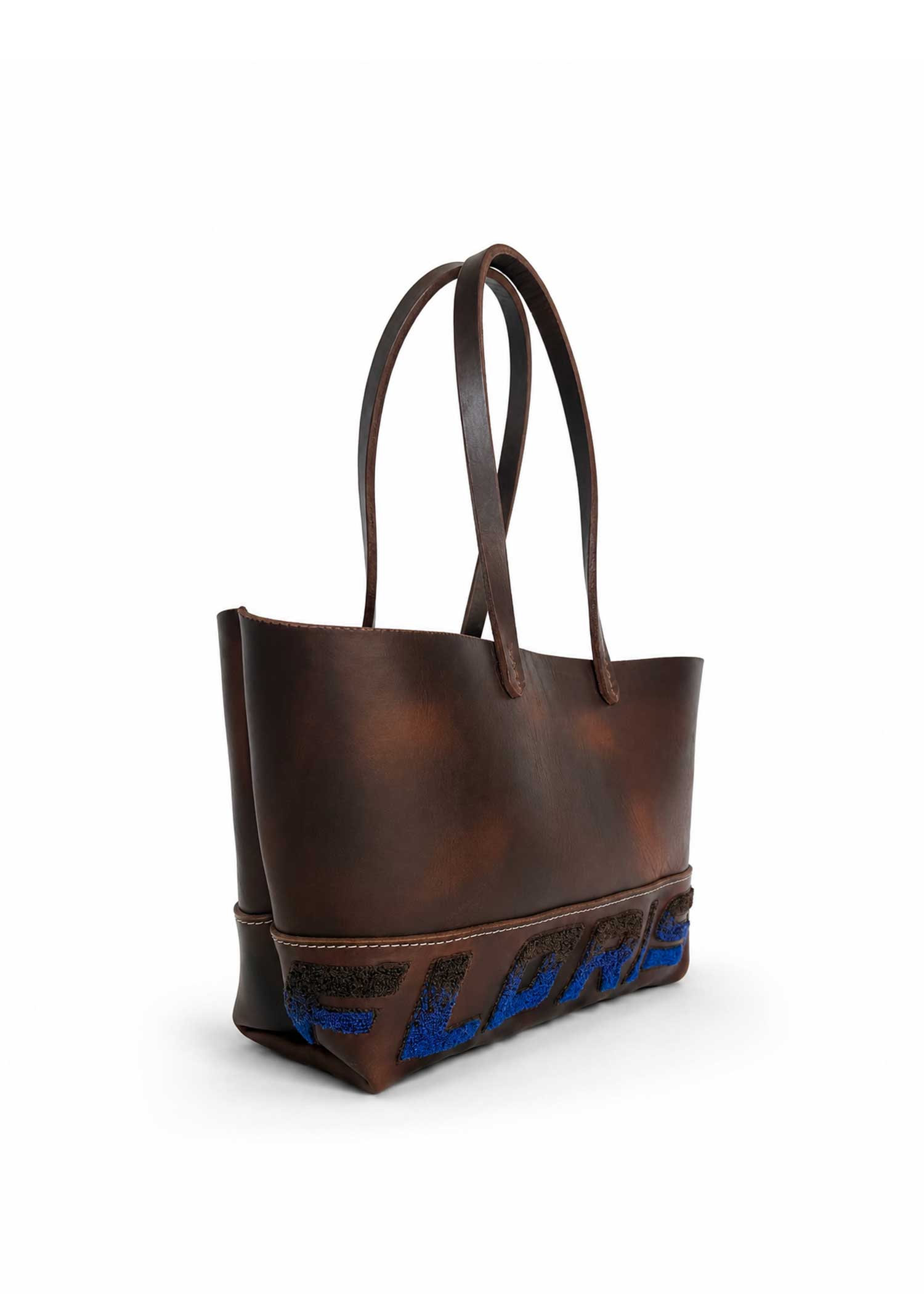 Leather Embroidered Tote Bag - Brown