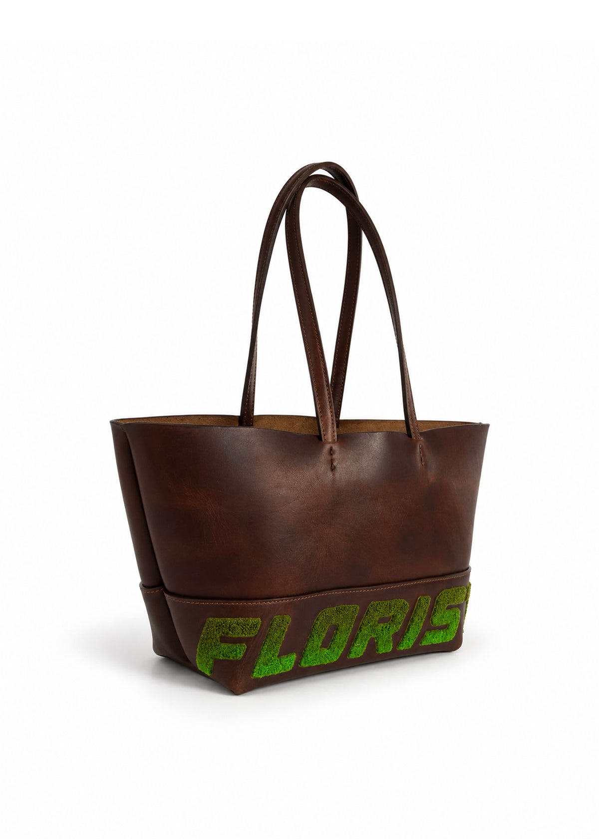 Leather Embroidered Tote Bag - Brown