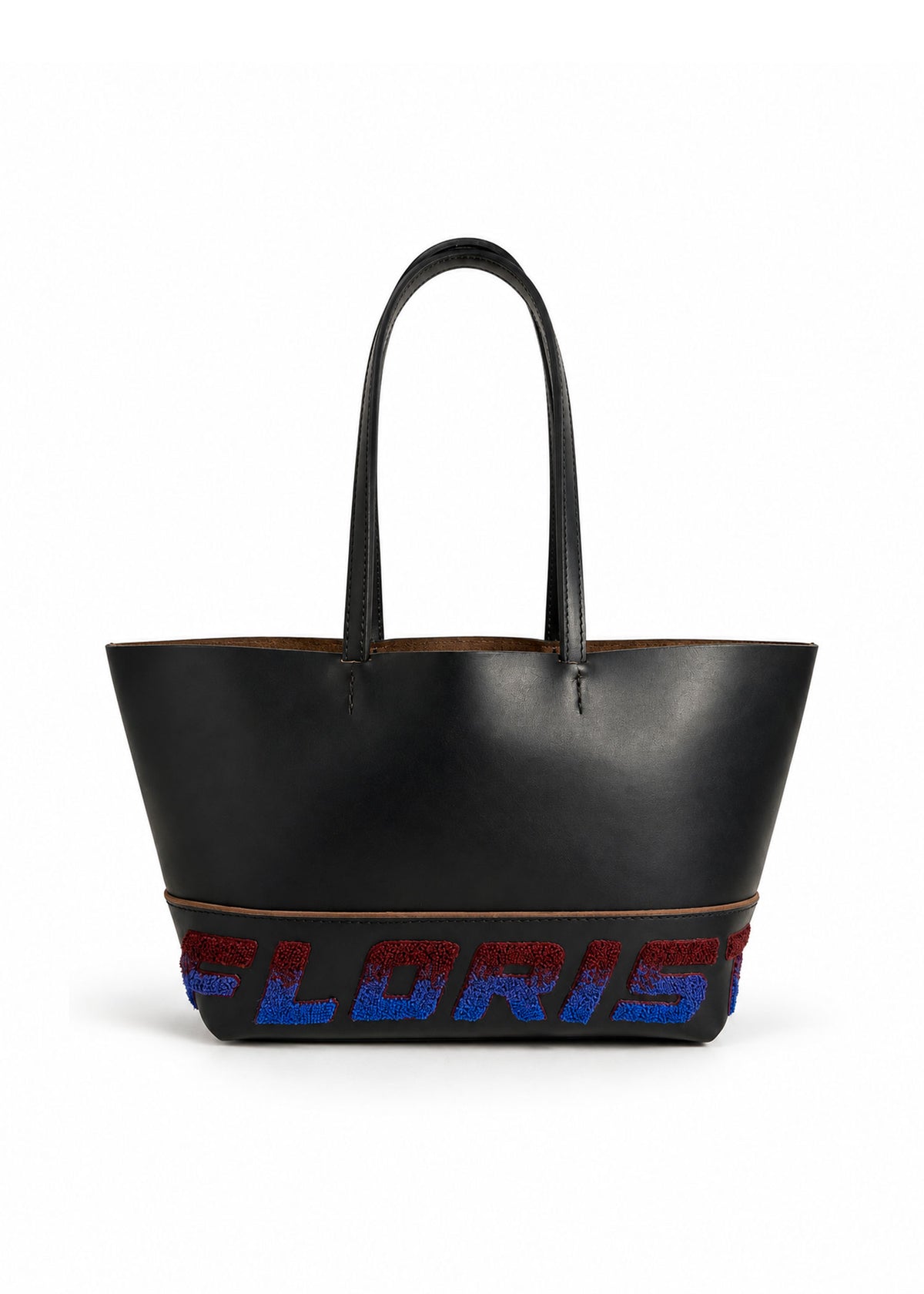Leather Embroidered Tote Bag - Black