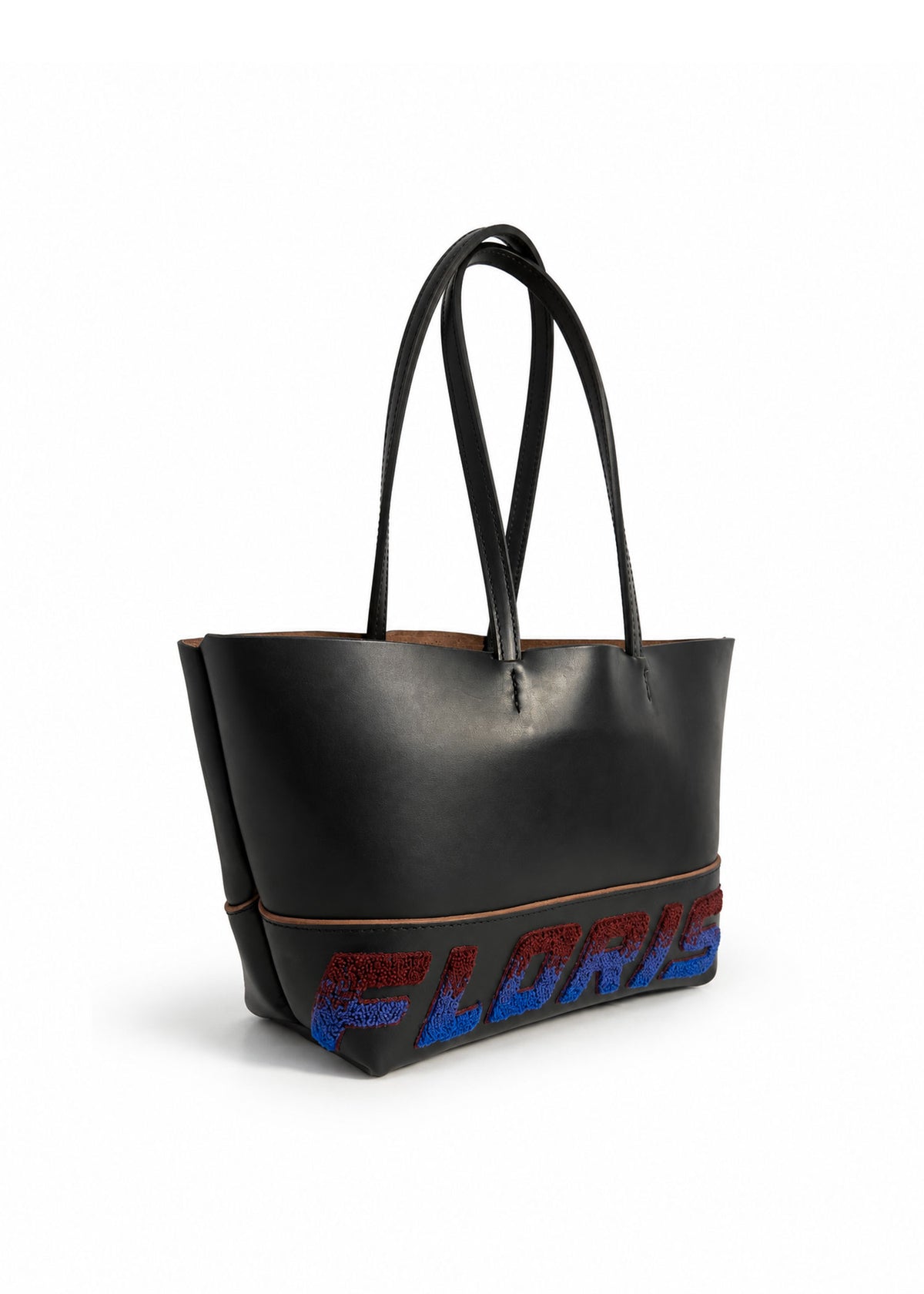 Leather Embroidered Tote Bag - Black