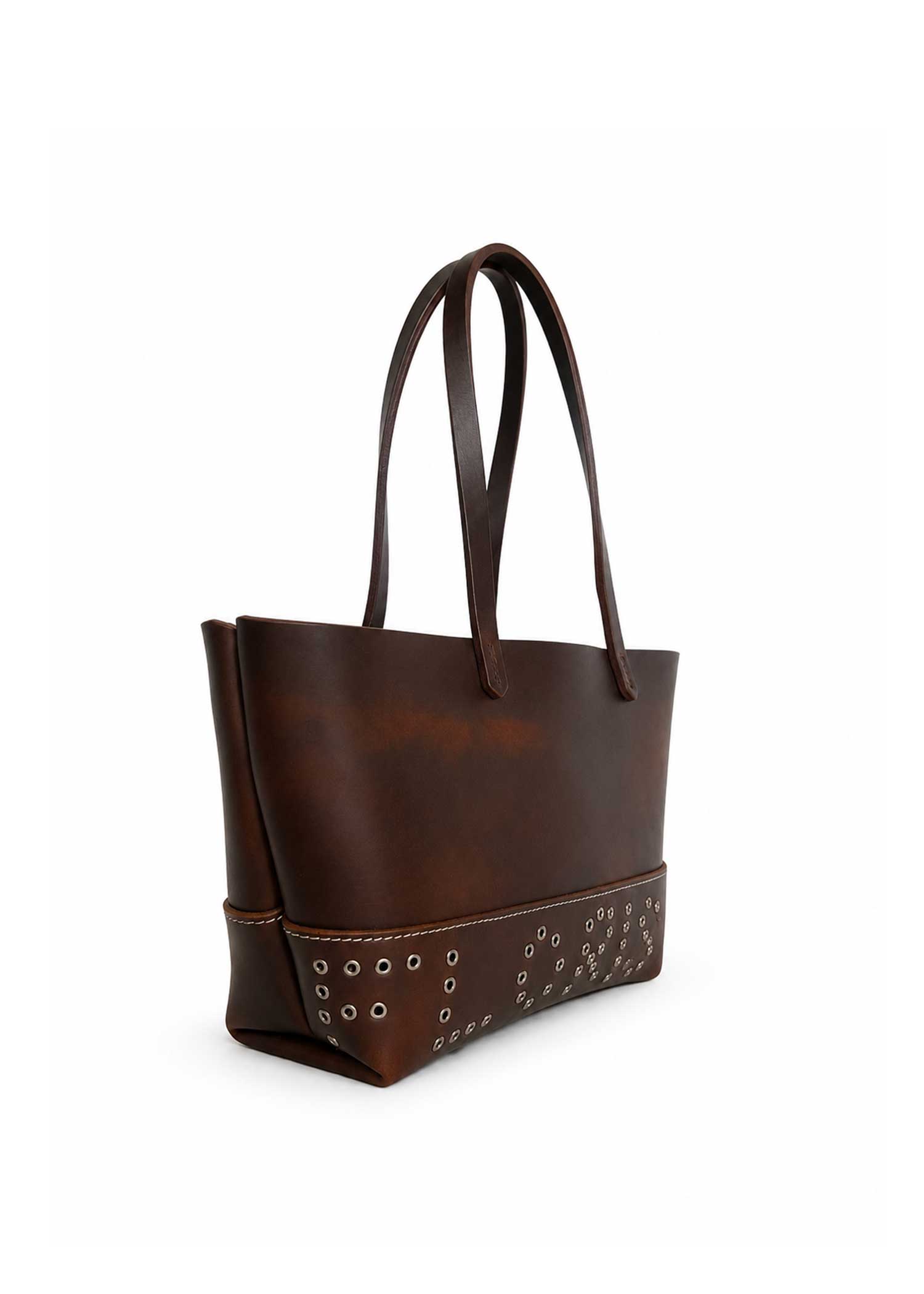Leather Eyelet Tote Bag - Brown
