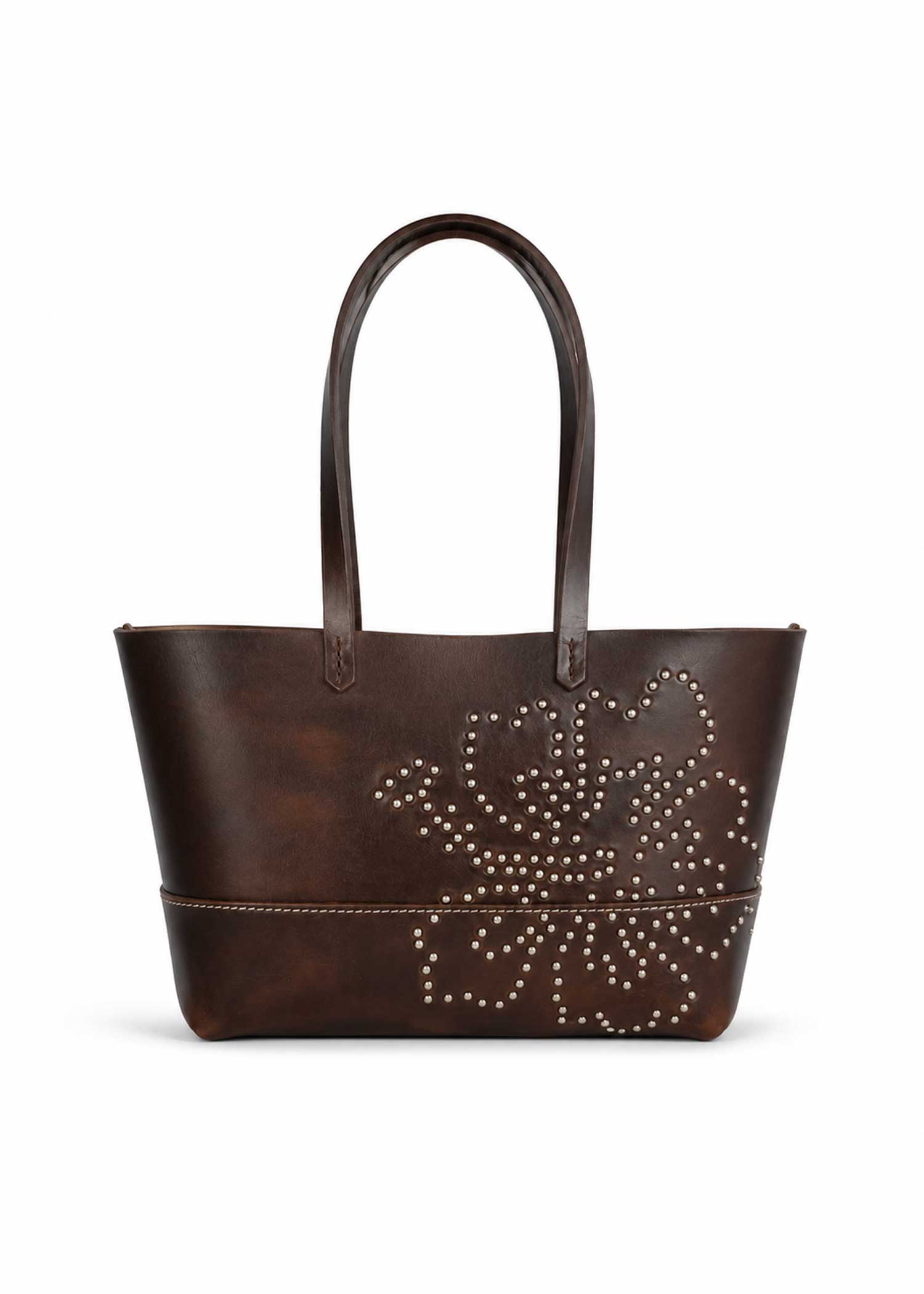 Leather Hibiscus Tote Bag - Brown