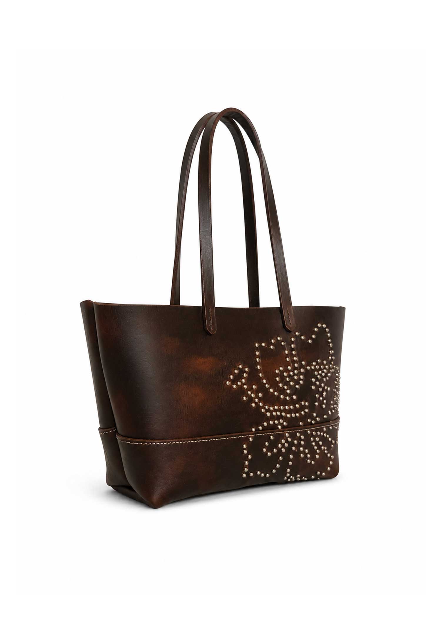 Leather Hibiscus Tote Bag - Brown