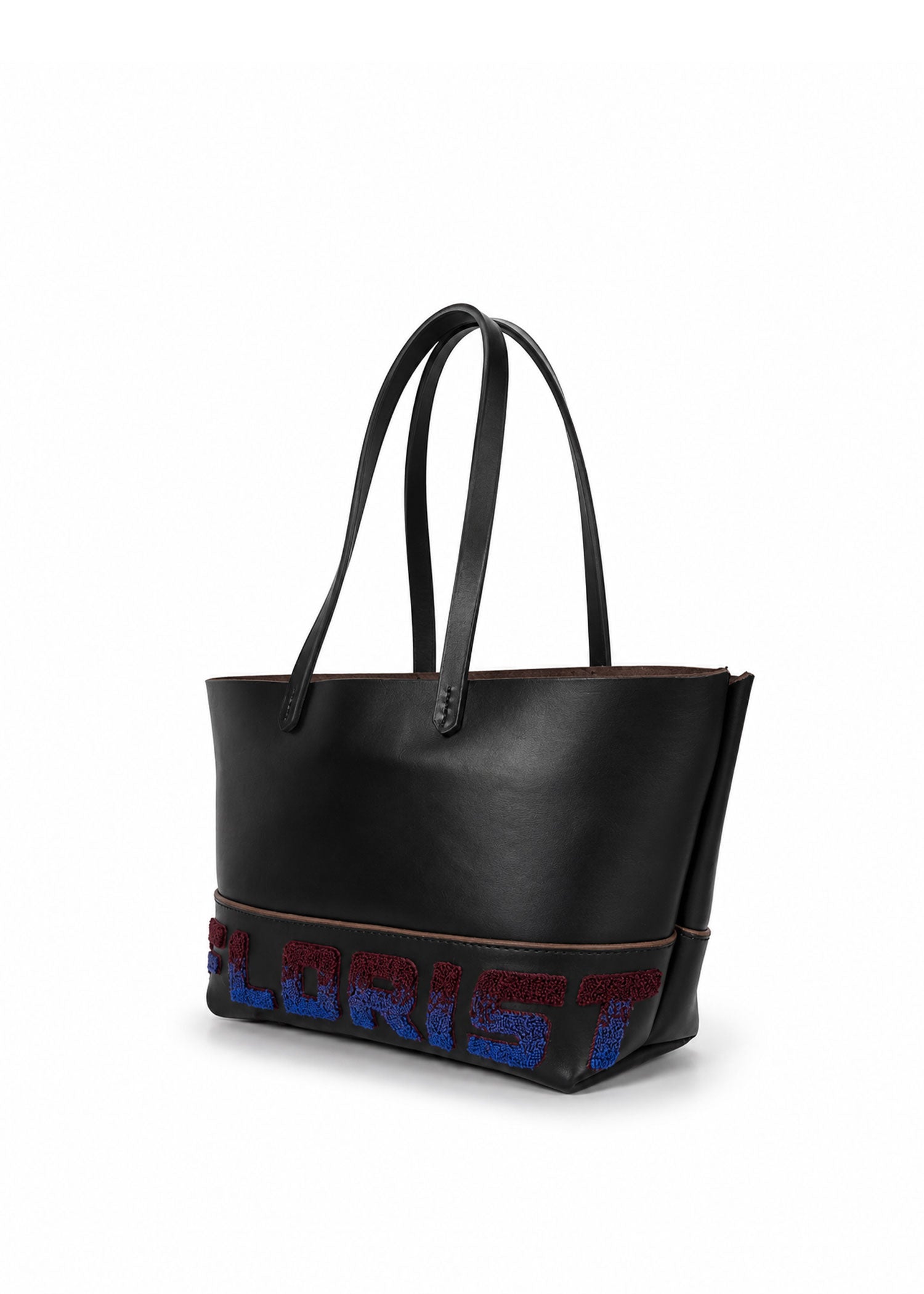 Leather Embroidered Tote Bag - Black