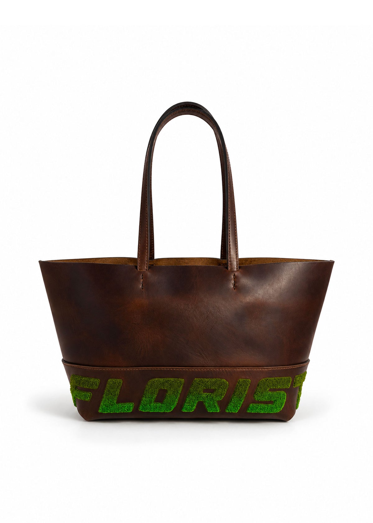 Leather Embroidered Tote Bag - Brown