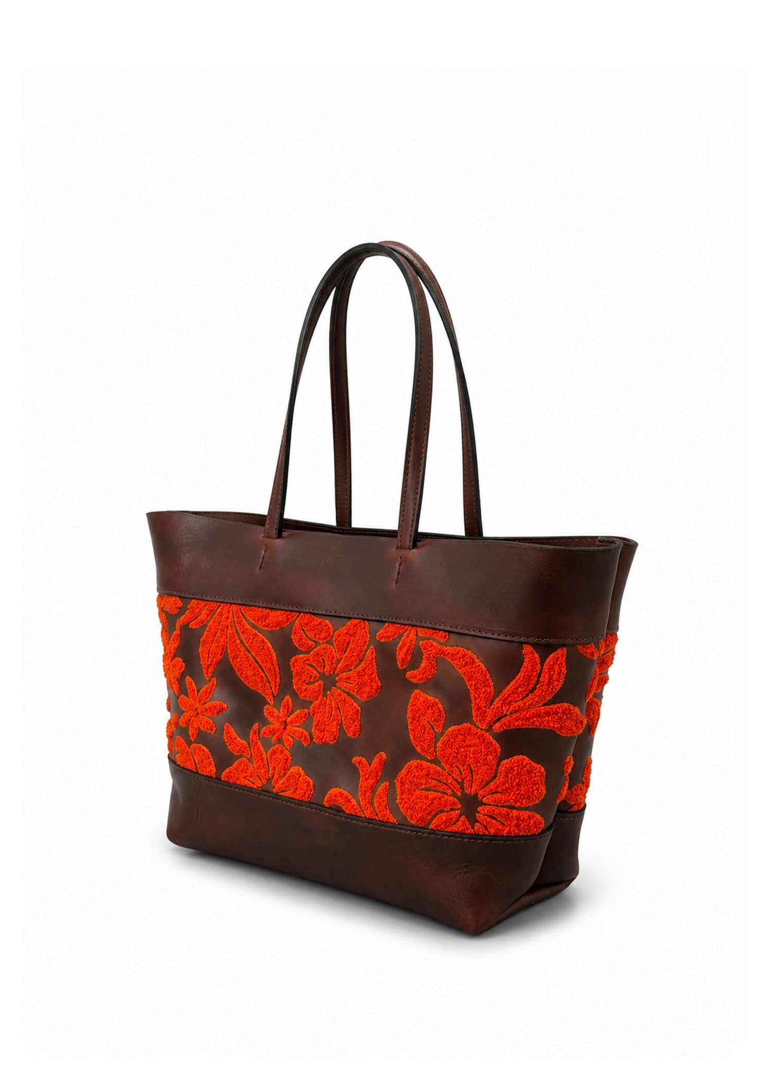 Floral Embroidered Tote Bag - Brown