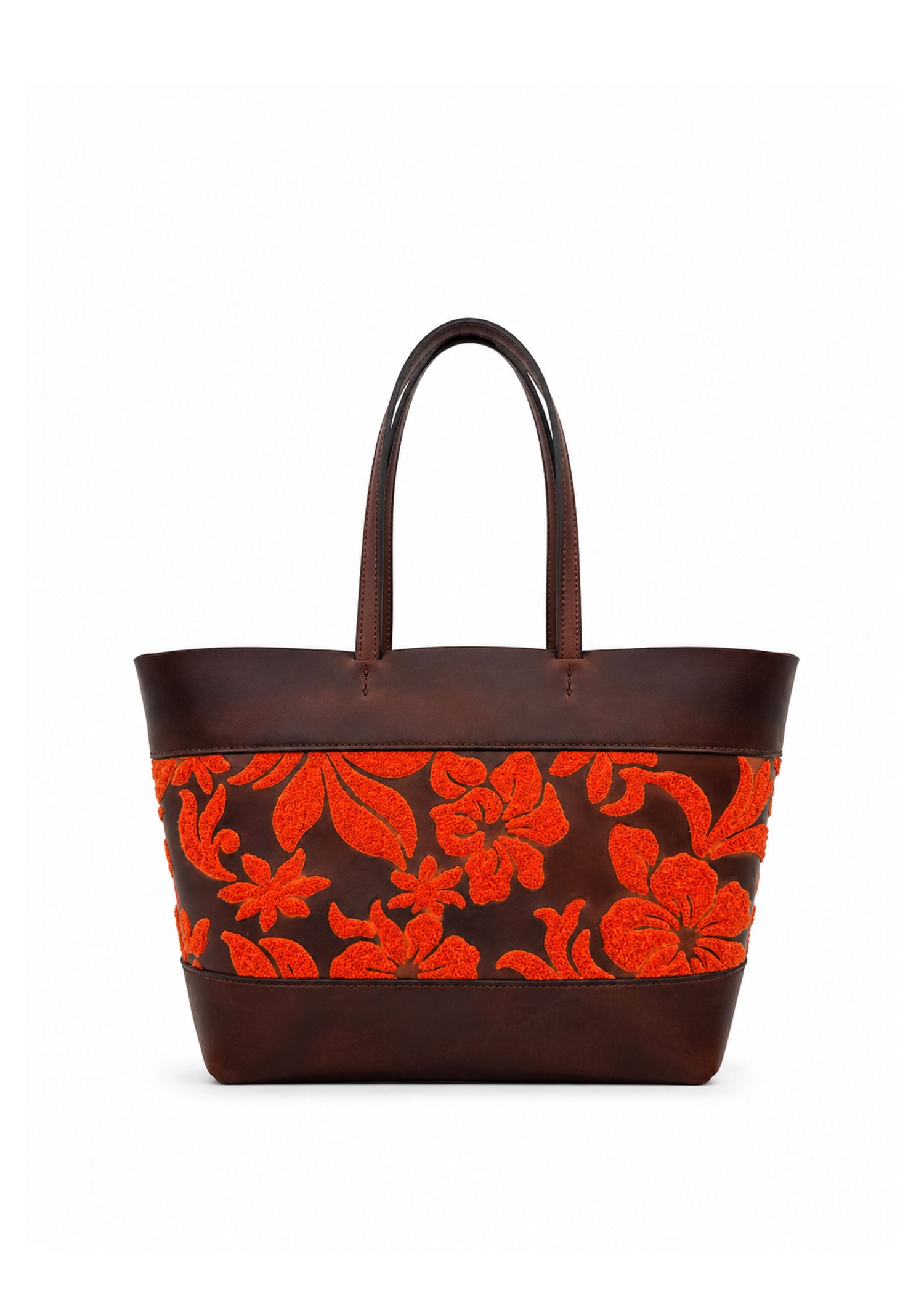 Floral Embroidered Tote Bag - Brown