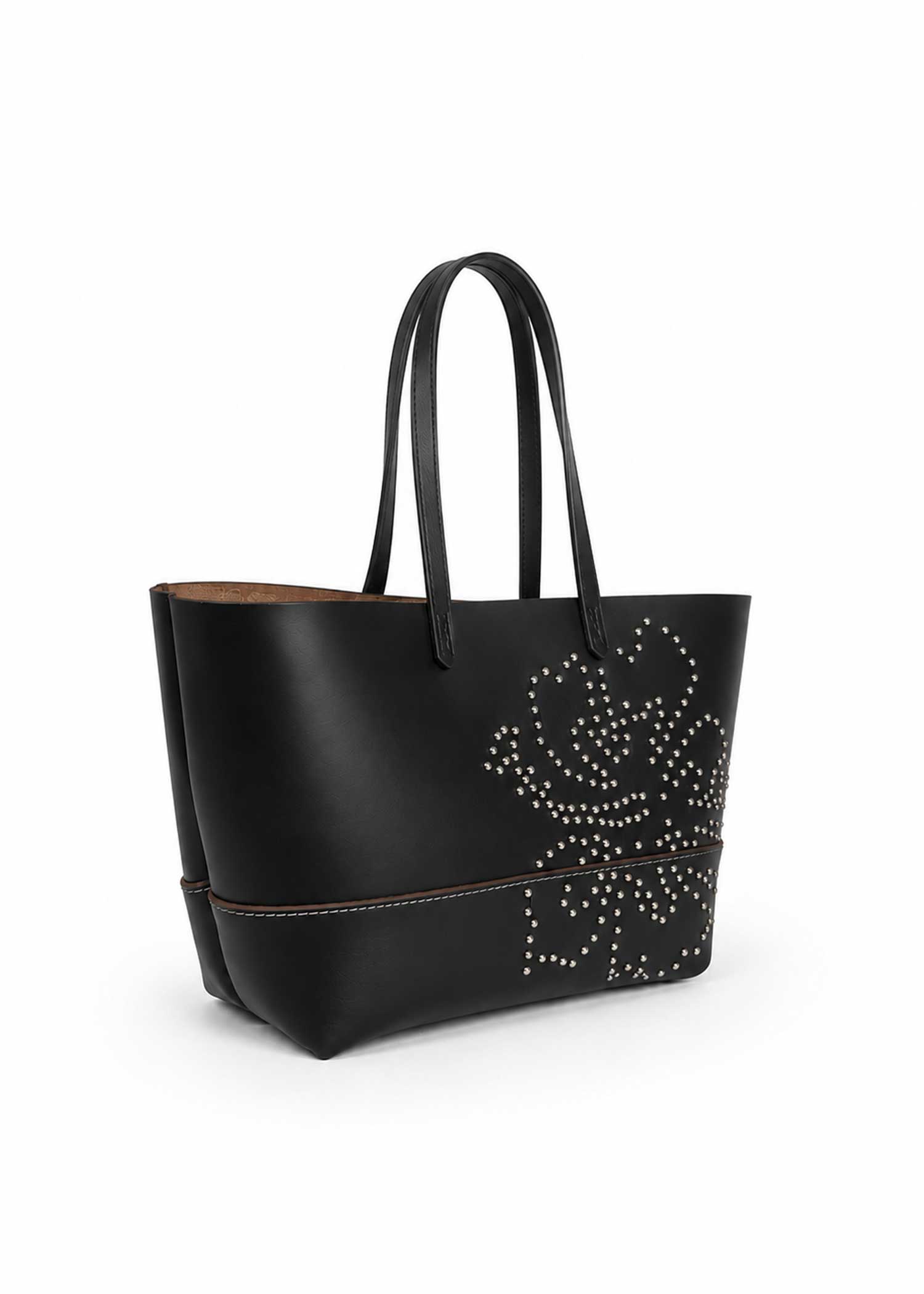 Leather Hibiscus Tote Bag - Black